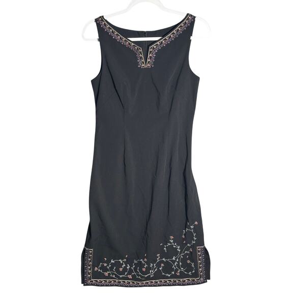 BCBGMaxazria Sz 4 Floral Embroidered Sleeveless Knee Length Dress Black Boho - Picture 1 of 12